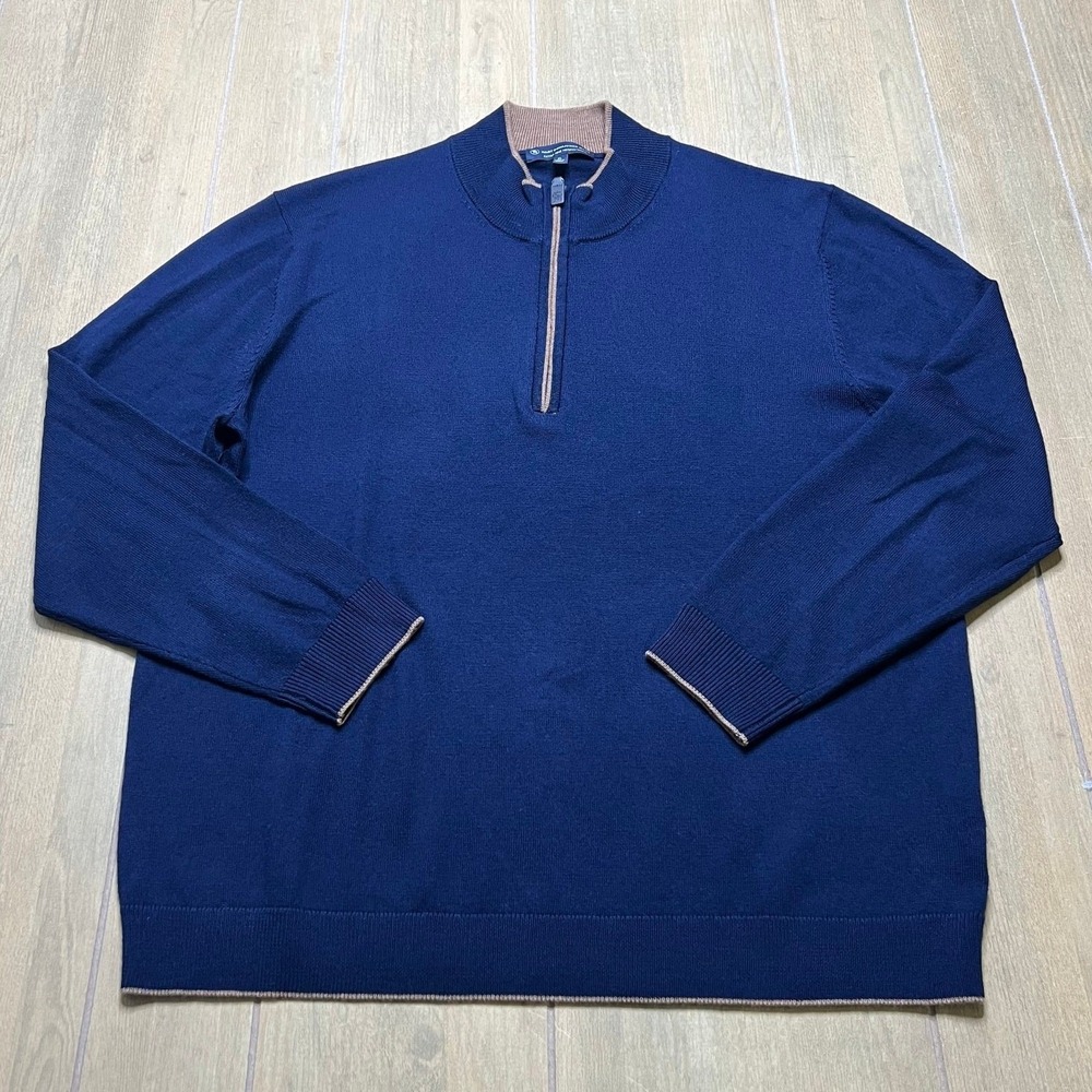 Hart Schaffner Marx Sweater Mens XL Navy Blue Merino‎ Wool 1/4 Zip Pullover